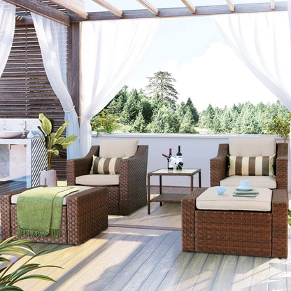 Set da conversazione con poltrona e pouf in vimini per patio da esterno, 5 pezzi