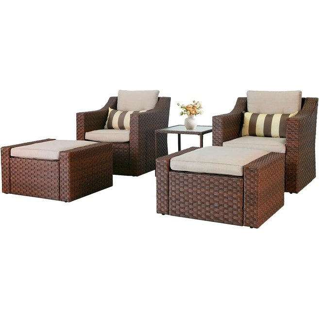Set da conversazione con poltrona e pouf in vimini per patio da esterno, 5 pezzi