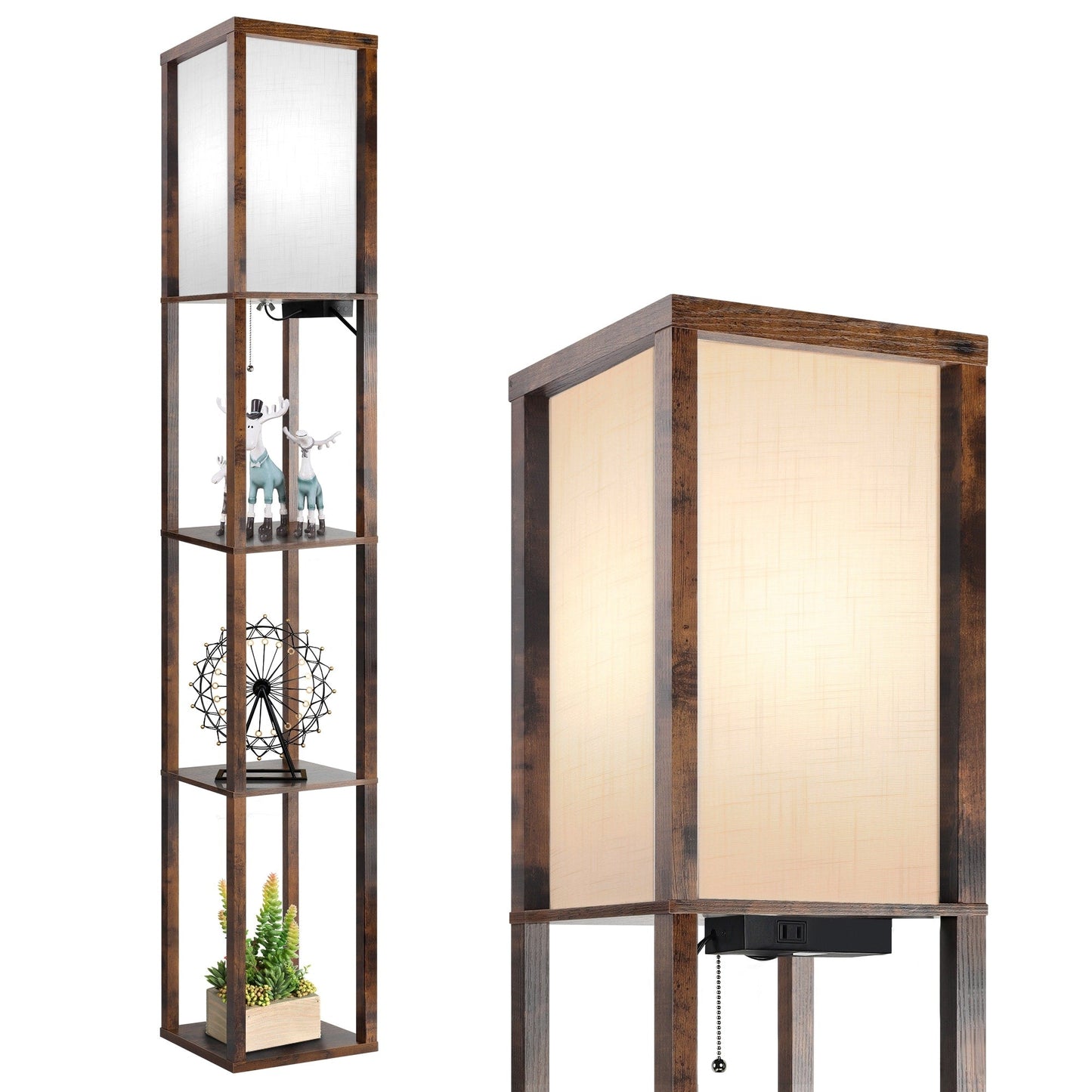 Lampada da terra 63 con ripiani - Lampada da soggiorno con ripiani in legno