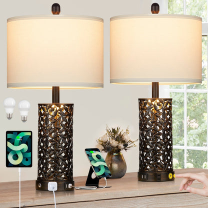 Lampada da tavolo in metallo nero con luce notturna, 2 porte USB in 1, presa CA, interruttore touch (set da 2)