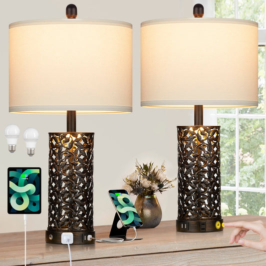 Lampada da tavolo in metallo nero con luce notturna, 2 porte USB in 1, presa CA, interruttore touch (set da 2)