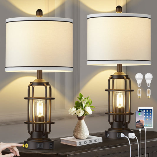 Lampada da tavolo in metallo nero, luce notturna 2 in 1, paralume a tamburo smontabile, interruttore rotante indipendente e interruttore dimmer touch (set di 2)
