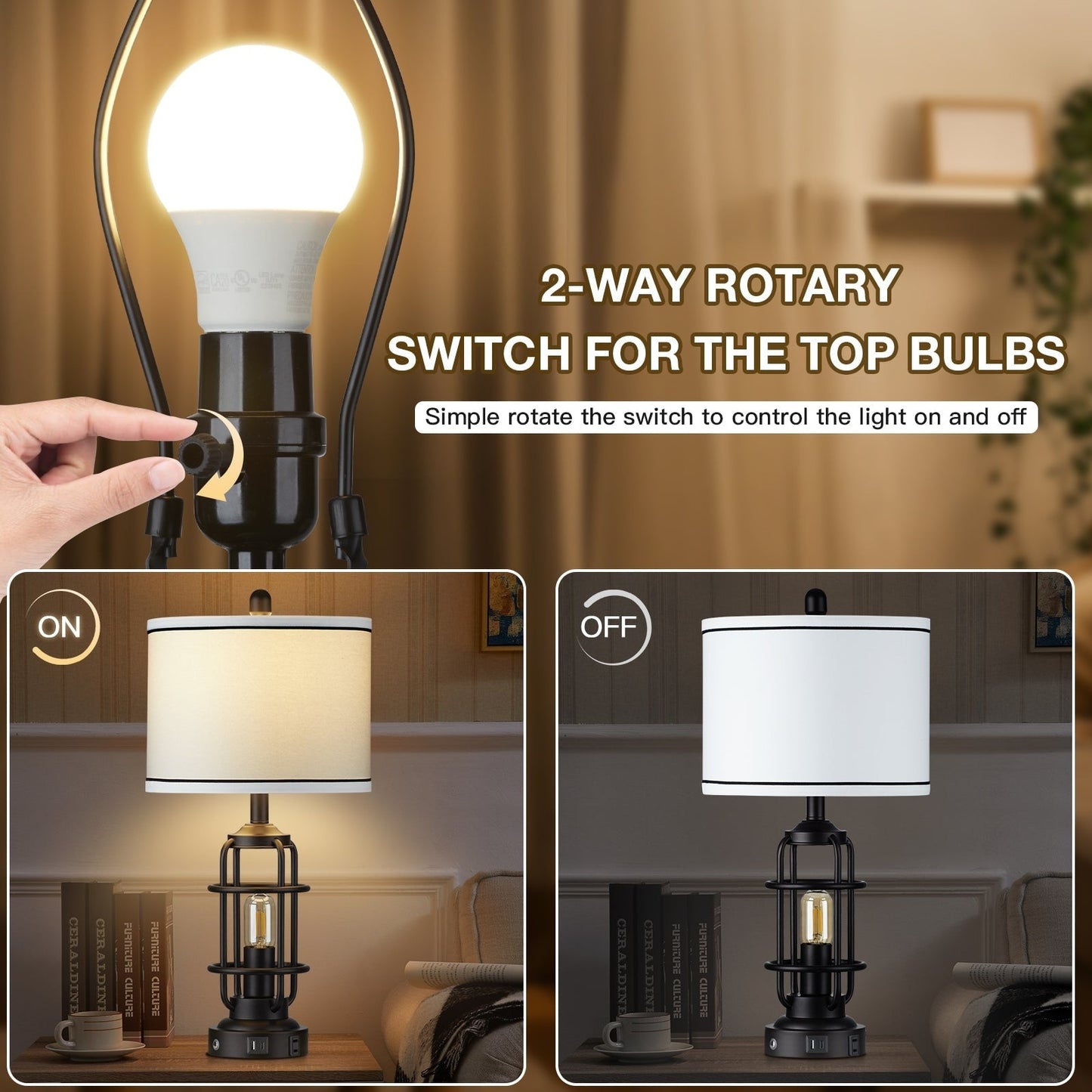 Lampada da tavolo in metallo nero, luce notturna 2 in 1, paralume a tamburo smontabile, interruttore rotante indipendente e interruttore dimmer touch (set di 2)
