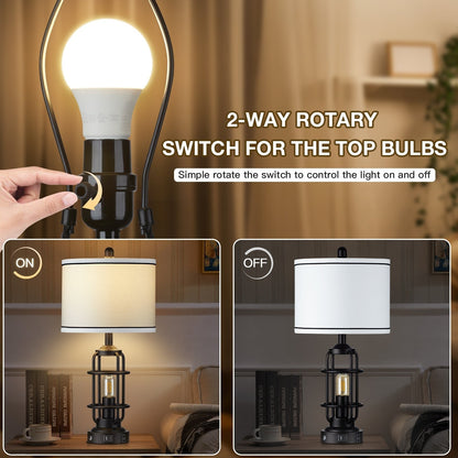 Lampada da tavolo in metallo nero, luce notturna 2 in 1, paralume a tamburo smontabile, interruttore rotante indipendente e interruttore dimmer touch (set di 2)