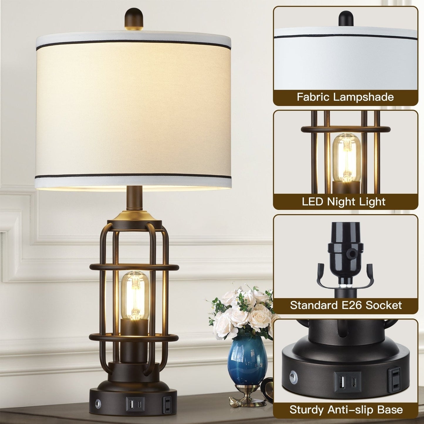 Lampada da tavolo in metallo nero, luce notturna 2 in 1, paralume a tamburo smontabile, interruttore rotante indipendente e interruttore dimmer touch (set di 2)