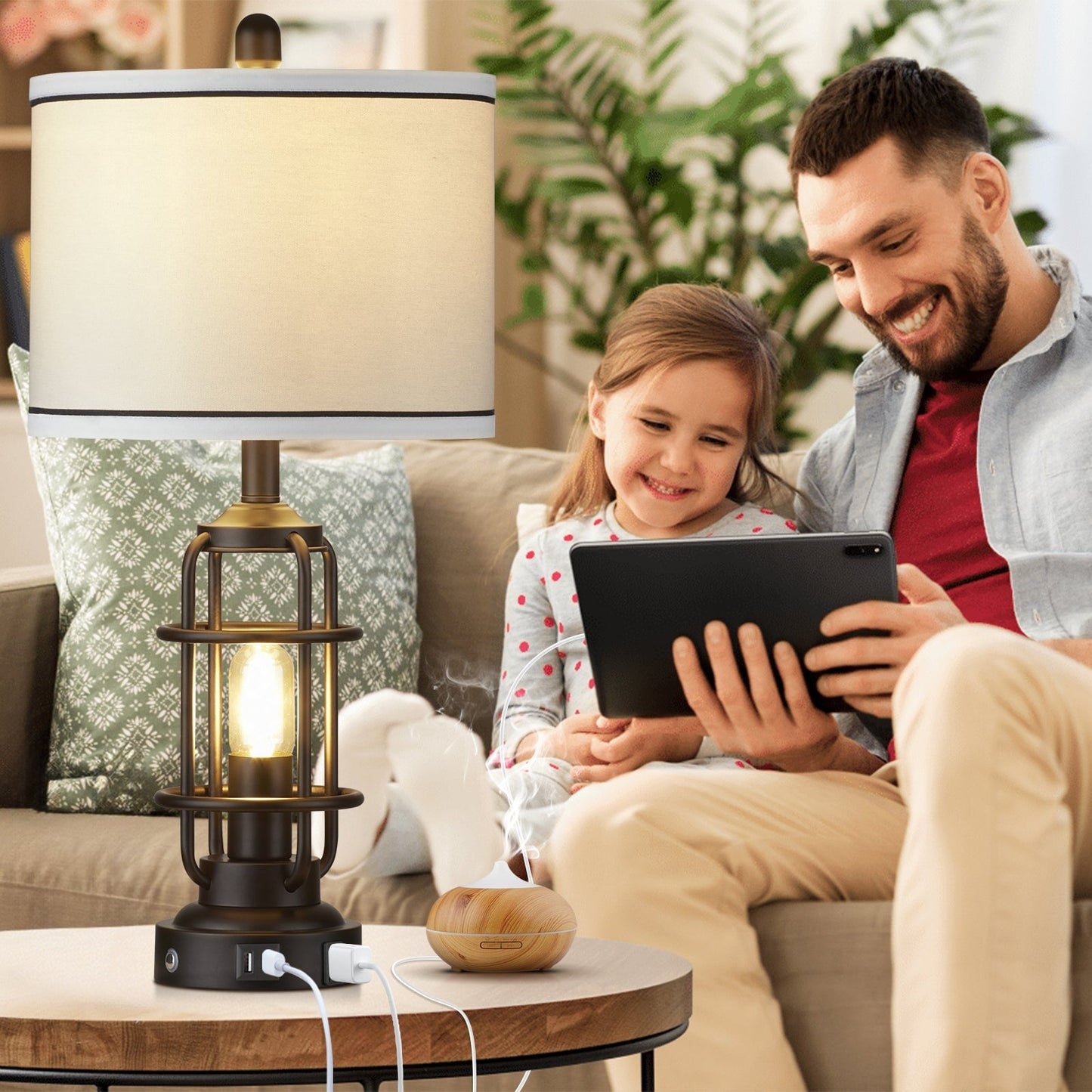 Lampada da tavolo in metallo nero, luce notturna 2 in 1, paralume a tamburo smontabile, interruttore rotante indipendente e interruttore dimmer touch (set di 2)