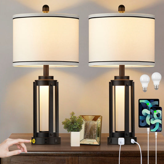 Lampada da tavolo in metallo nero, luce notturna, porte di ricarica USB e Type-C 2 in 1, presa CA e paralume a tamburo smontabile (set da 2)