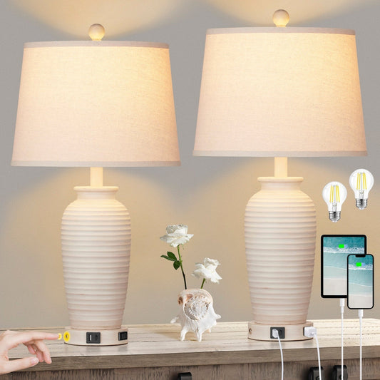 Lampade da tavolo in resina beige, interruttore dimmer touch a 3 vie, porte di ricarica USB e Type-C, presa CA (set da 2)