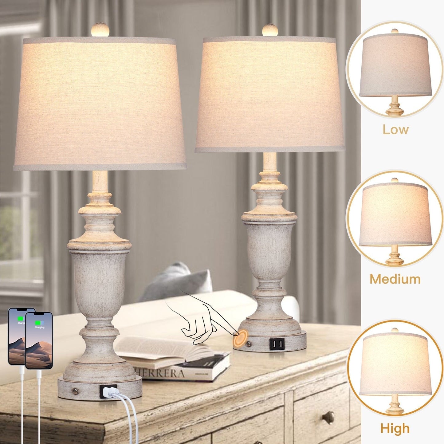 Lampade da tavolo in resina bianca, porte di ricarica USB, interruttore touch a 3 vie (set da 2) - 12,5'' x 12,5'' x 25,6'' (L x P x A)