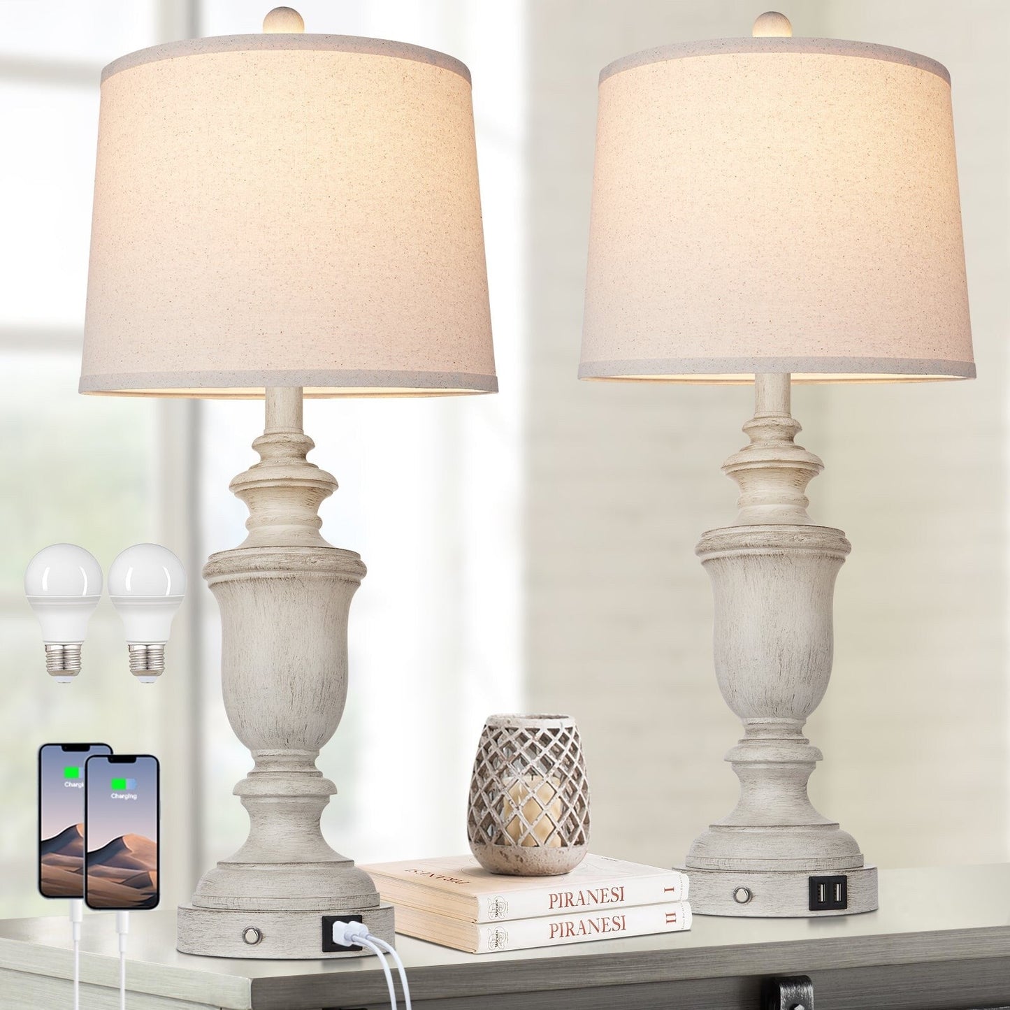 Lampade da tavolo in resina bianca, porte di ricarica USB, interruttore touch a 3 vie (set da 2) - 12,5'' x 12,5'' x 25,6'' (L x P x A)