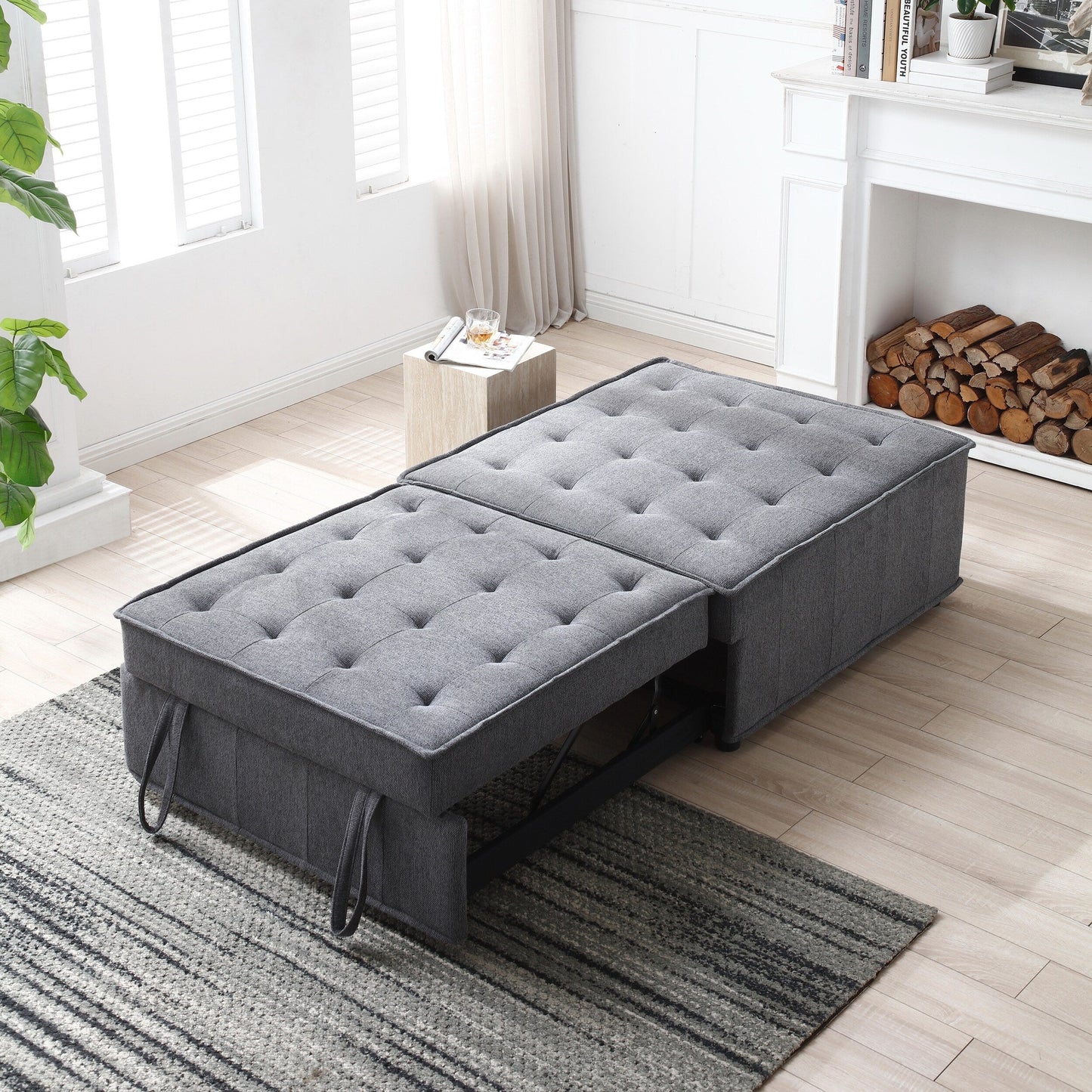 Divano letto trasformabile in lino - Elegante pouf con schienale rimovibile per un comfort extra
