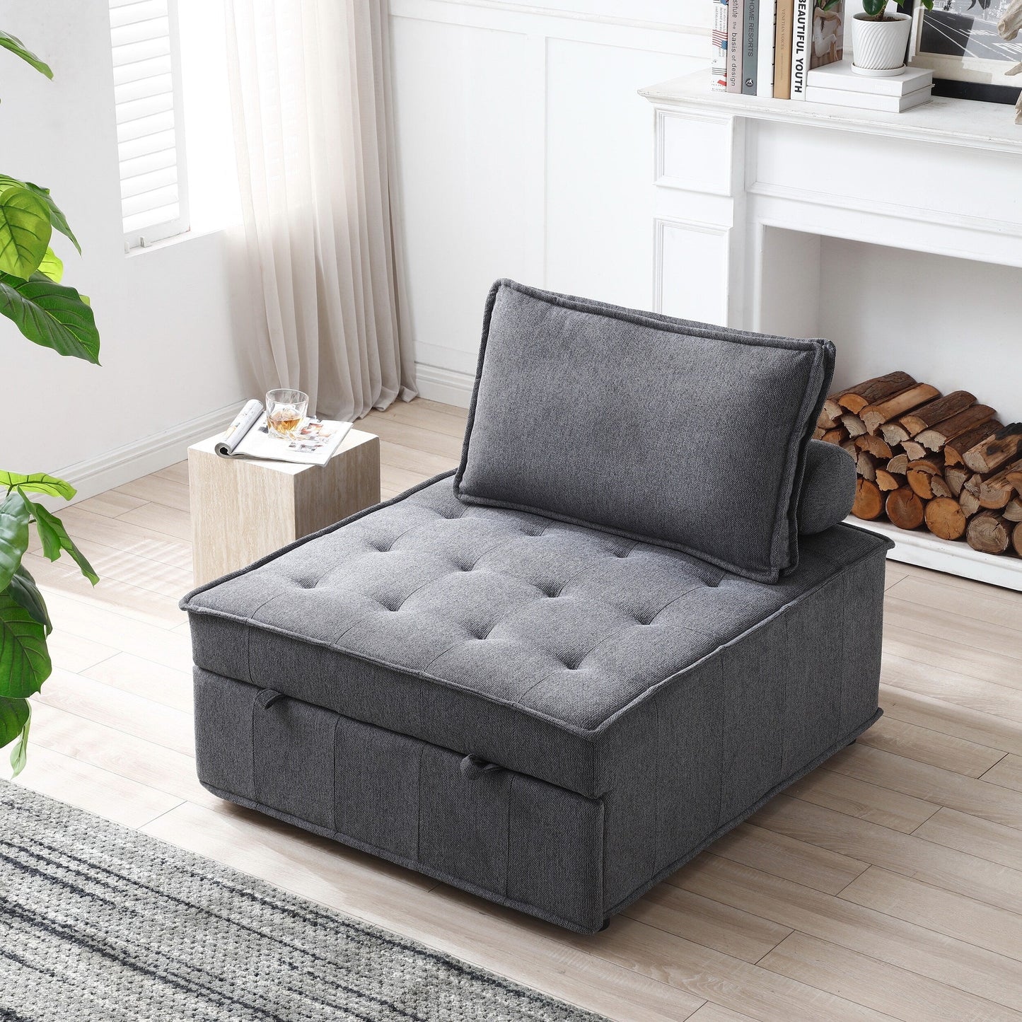 Divano letto trasformabile in lino - Elegante pouf con schienale rimovibile per un comfort extra