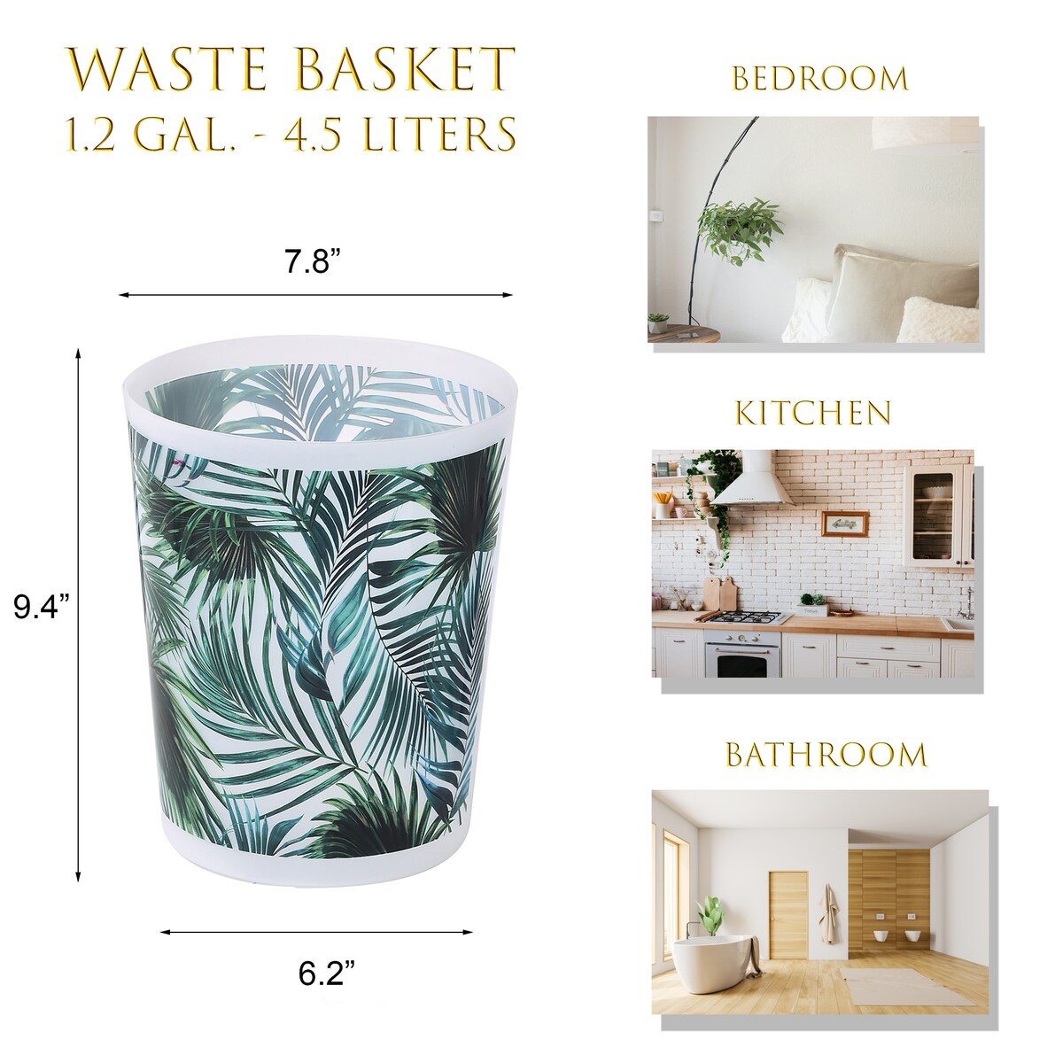 Cestino per rifiuti in plastica con stampa tropicale, 4,5 litri-1,2 galloni - 9,4 A x 7,8 L x 6,2 P