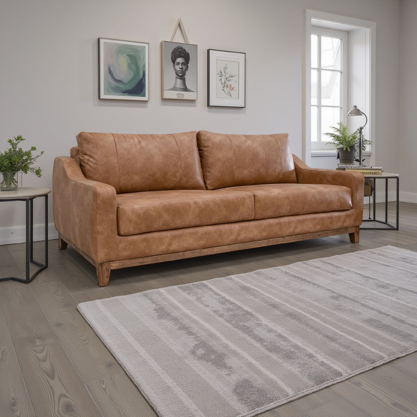 Divano Tuba, similpelle color cognac, cuscini in schiuma, legno di pino massello, 88 pollici