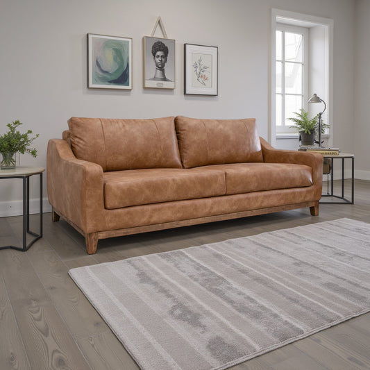 Divano Tuba, similpelle color cognac, cuscini in schiuma, legno di pino massello, 88 pollici