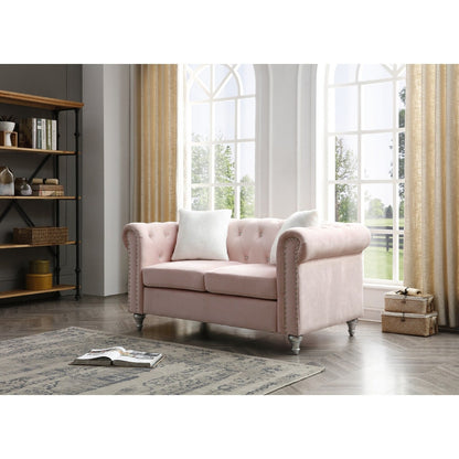 Divano a 2 posti in velluto finto gioiello trapuntato con cuscini decorativi - 60 - Rosa