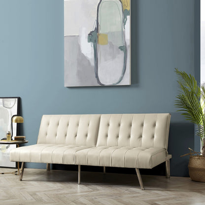 Divano letto futon imbottito in stile moderno di metà secolo con schienale diviso e gambe cromate