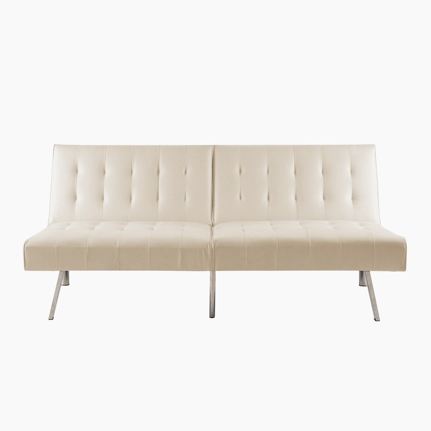 Divano letto futon imbottito in stile moderno di metà secolo con schienale diviso e gambe cromate
