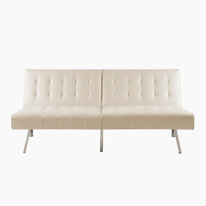 Divano letto futon imbottito in stile moderno di metà secolo con schienale diviso e gambe cromate