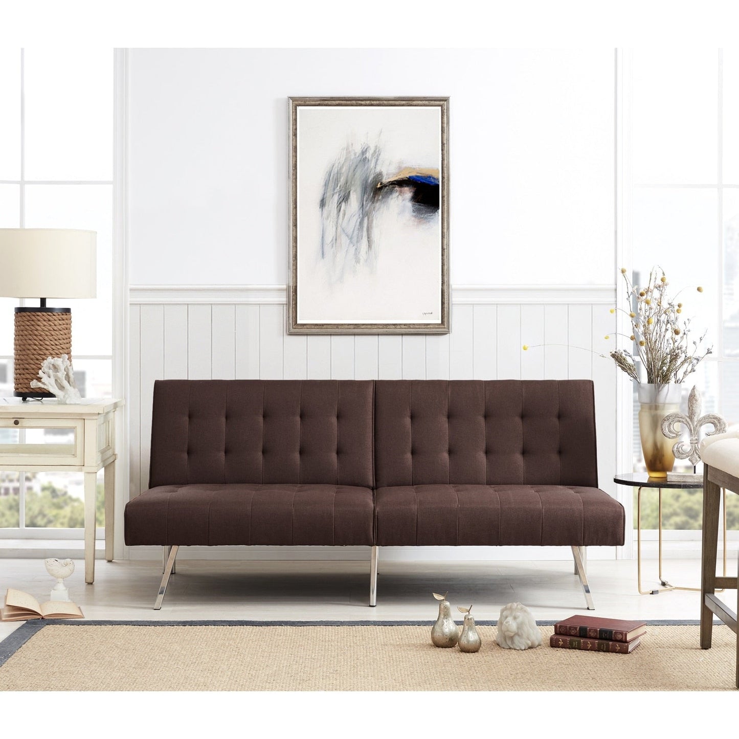 Divano letto futon imbottito in stile moderno di metà secolo con schienale diviso e gambe cromate