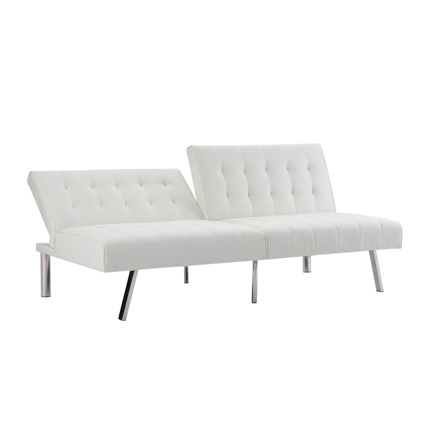 Divano letto futon imbottito in stile moderno di metà secolo con schienale diviso e gambe cromate