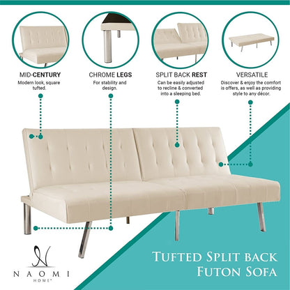 Divano letto futon imbottito in stile moderno di metà secolo con schienale diviso e gambe cromate