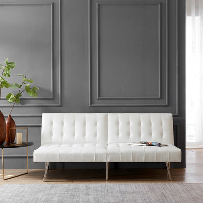 Divano letto futon imbottito in stile moderno di metà secolo con schienale diviso e gambe cromate