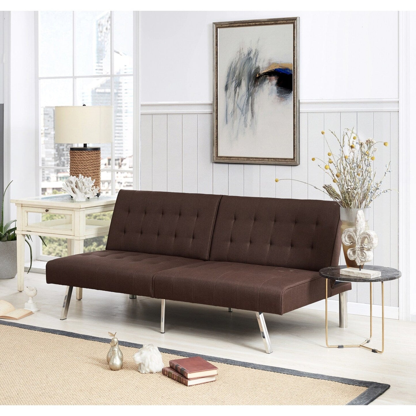 Divano letto futon imbottito in stile moderno di metà secolo con schienale diviso e gambe cromate