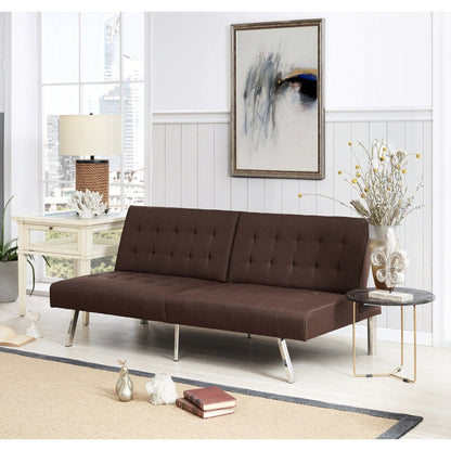 Divano letto futon imbottito in stile moderno di metà secolo con schienale diviso e gambe cromate