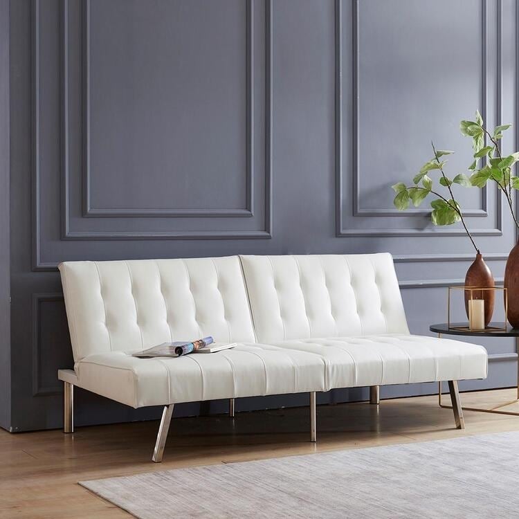 Divano letto futon imbottito in stile moderno di metà secolo con schienale diviso e gambe cromate