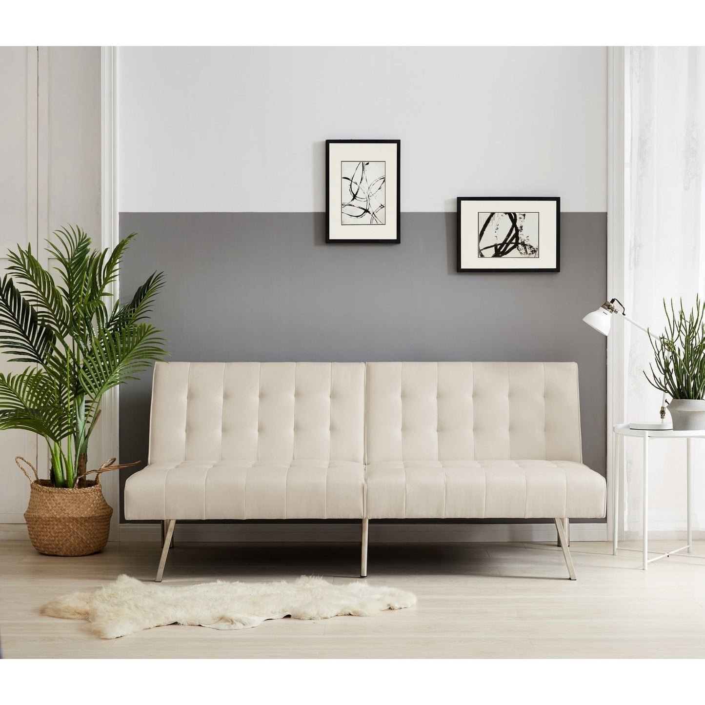 Divano letto futon imbottito in stile moderno di metà secolo con schienale diviso e gambe cromate