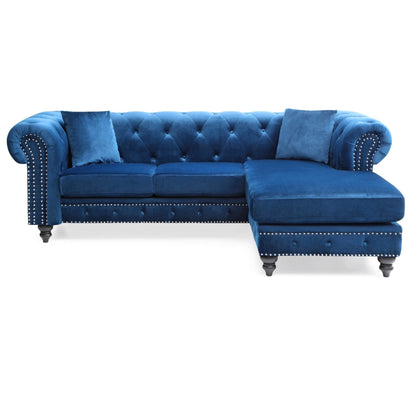 Divano componibile a 3 posti a L in velluto trapuntato con cuscini decorativi - 98 - Blu