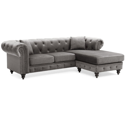 Divano componibile a 3 posti a L in velluto trapuntato con cuscini decorativi - 98 - Grigio scuro