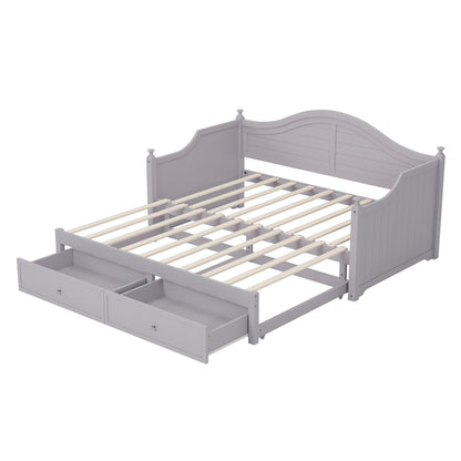 Divano letto matrimoniale in legno con cassetti contenitore, letto allungabile, divano letto in legno per soggiorno, camera degli ospiti