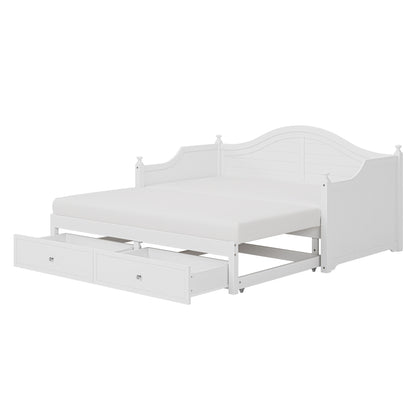 Divano letto matrimoniale in legno con cassetti contenitore, letto allungabile, divano letto in legno per soggiorno, camera degli ospiti