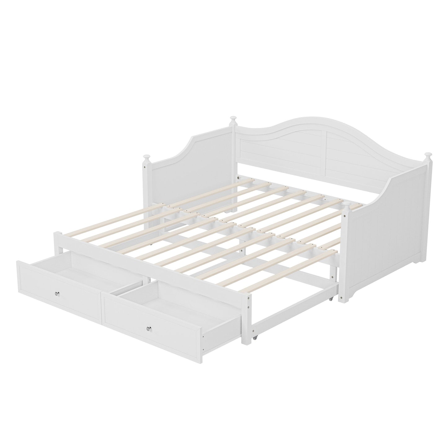 Divano letto matrimoniale in legno con cassetti contenitore, letto allungabile, divano letto in legno per soggiorno, camera degli ospiti