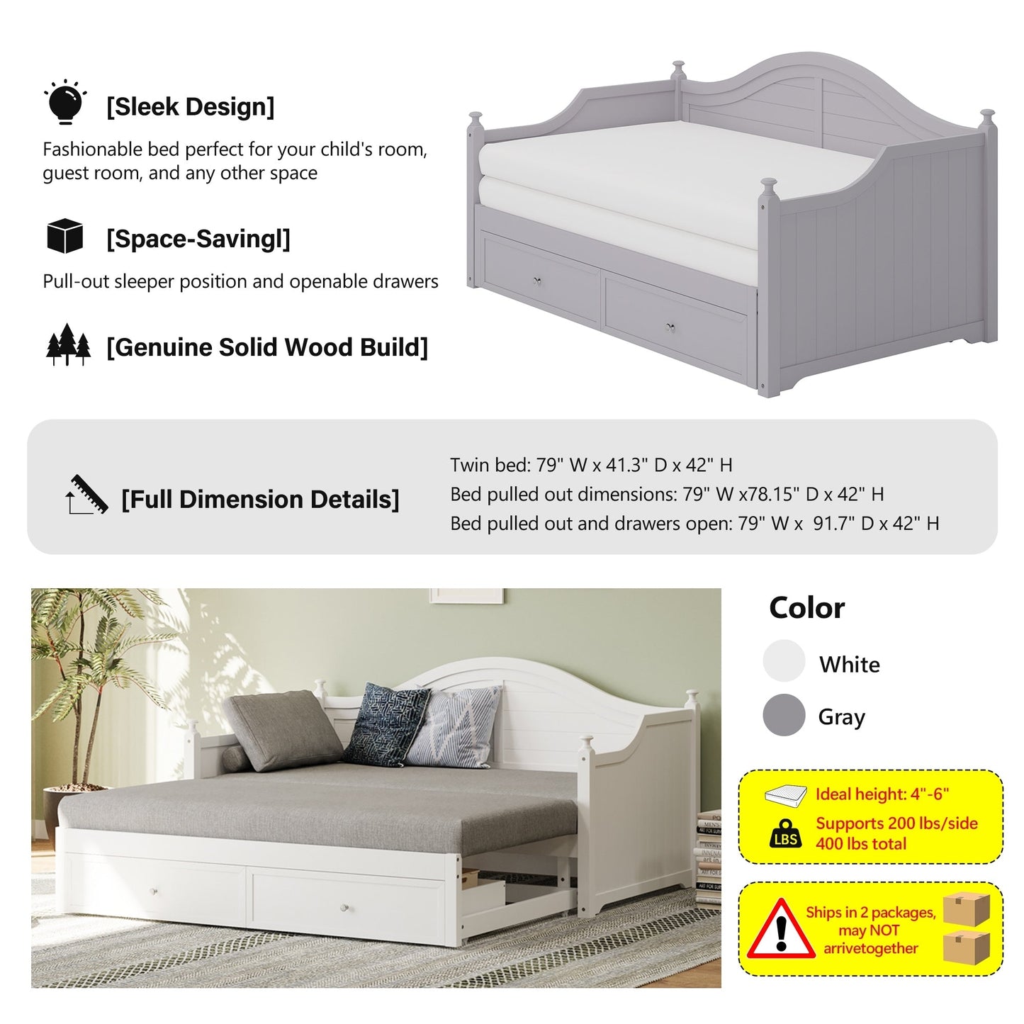 Divano letto matrimoniale in legno con cassetti contenitore, letto allungabile, divano letto in legno per soggiorno, camera degli ospiti