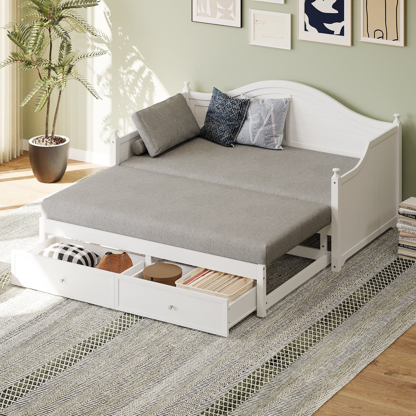 Divano letto matrimoniale in legno con cassetti contenitore, letto allungabile, divano letto in legno per soggiorno, camera degli ospiti