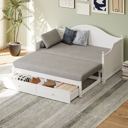 Divano letto matrimoniale in legno con cassetti contenitore, letto allungabile, divano letto in legno per soggiorno, camera degli ospiti