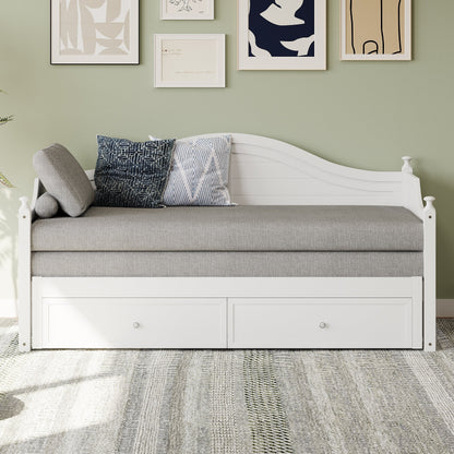 Divano letto matrimoniale in legno con cassetti contenitore, letto allungabile, divano letto in legno per soggiorno, camera degli ospiti