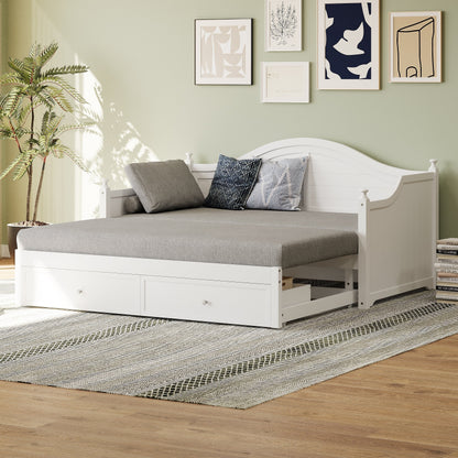 Divano letto matrimoniale in legno con cassetti contenitore, letto allungabile, divano letto in legno per soggiorno, camera degli ospiti