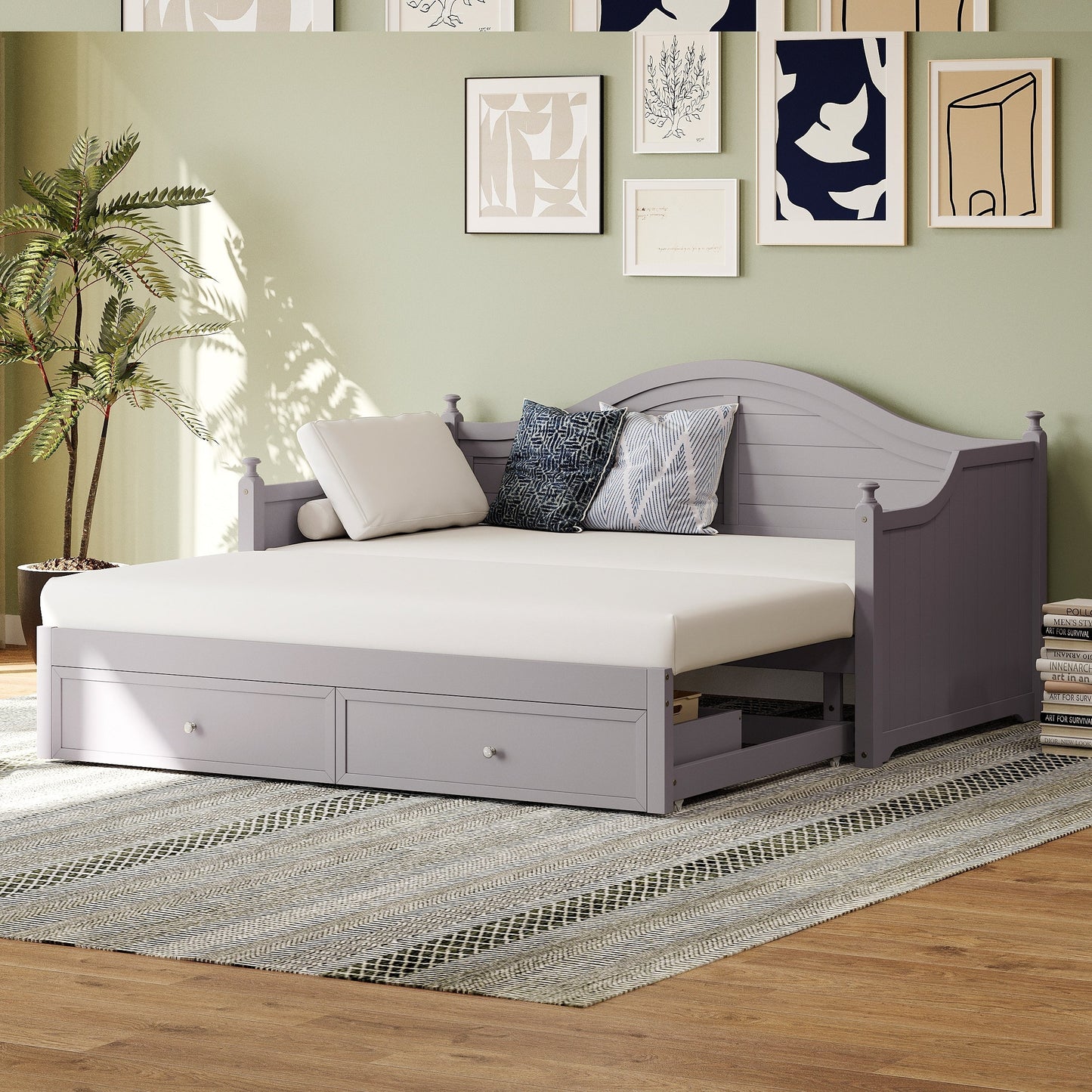 Divano letto matrimoniale in legno con cassetti contenitore, letto allungabile, divano letto in legno per soggiorno, camera degli ospiti