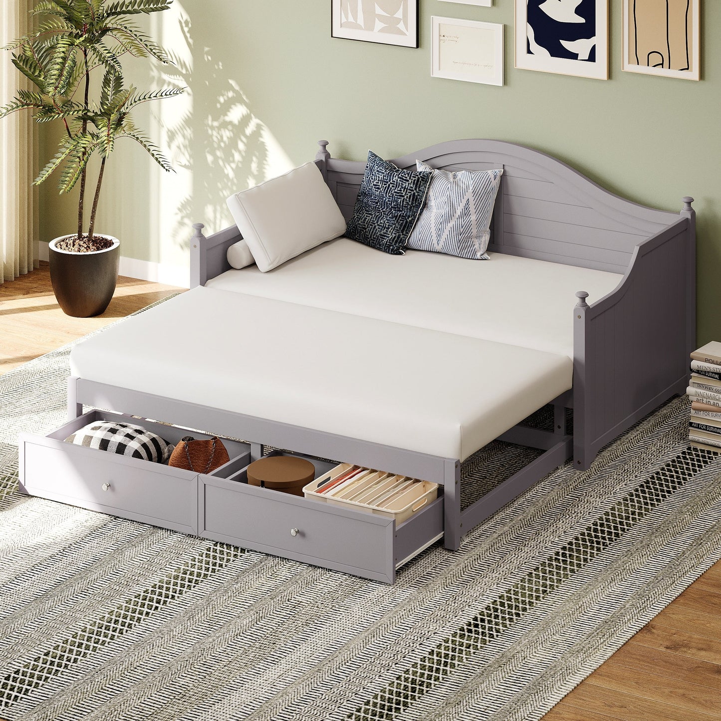 Divano letto matrimoniale in legno con cassetti contenitore, letto allungabile, divano letto in legno per soggiorno, camera degli ospiti