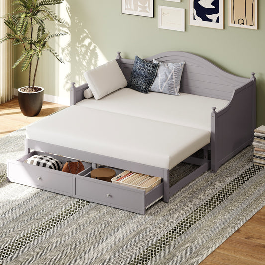 Divano letto matrimoniale in legno con cassetti contenitore, letto allungabile, divano letto in legno per soggiorno, camera degli ospiti