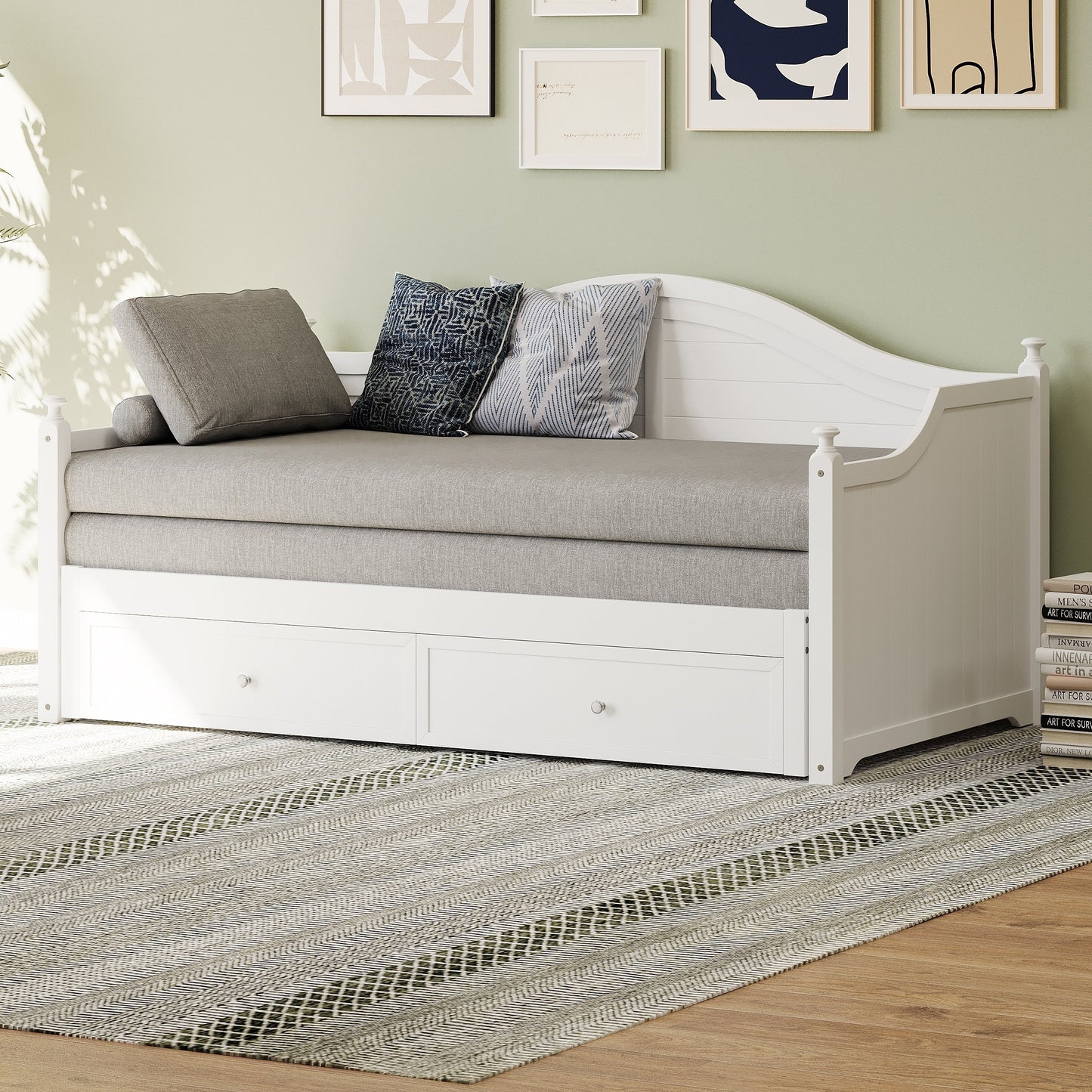 Divano letto matrimoniale in legno con cassetti contenitore, letto allungabile, divano letto in legno per soggiorno, camera degli ospiti