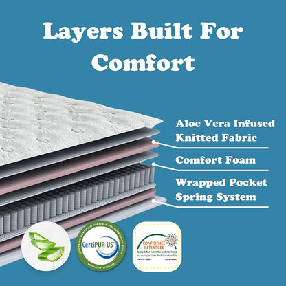 Materasso Twin XL da 9 pollici Excellence - Materasso a molle insacchettate con rivestimento in schiuma di Aloe Vera ibrido con parte superiore stretta e media