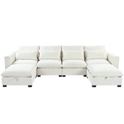 Divano componibile a 6 posti a forma di U rivestito in lino con 2 pouf contenitore mobili per home theater in soggiorno