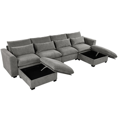 Divano componibile a 6 posti a forma di U rivestito in lino con 2 pouf contenitore mobili per home theater in soggiorno