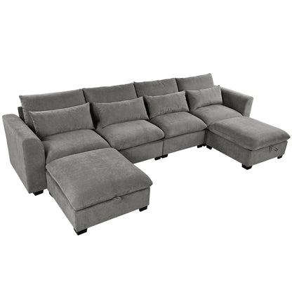 Divano componibile a 6 posti a forma di U rivestito in lino con 2 pouf contenitore mobili per home theater in soggiorno