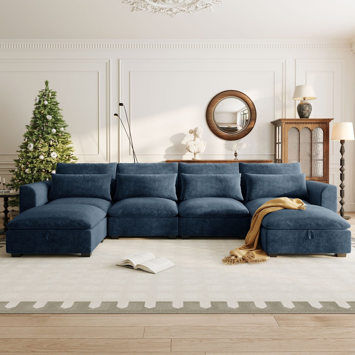 Divano componibile a 6 posti a forma di U rivestito in lino con 2 pouf contenitore mobili per home theater in soggiorno